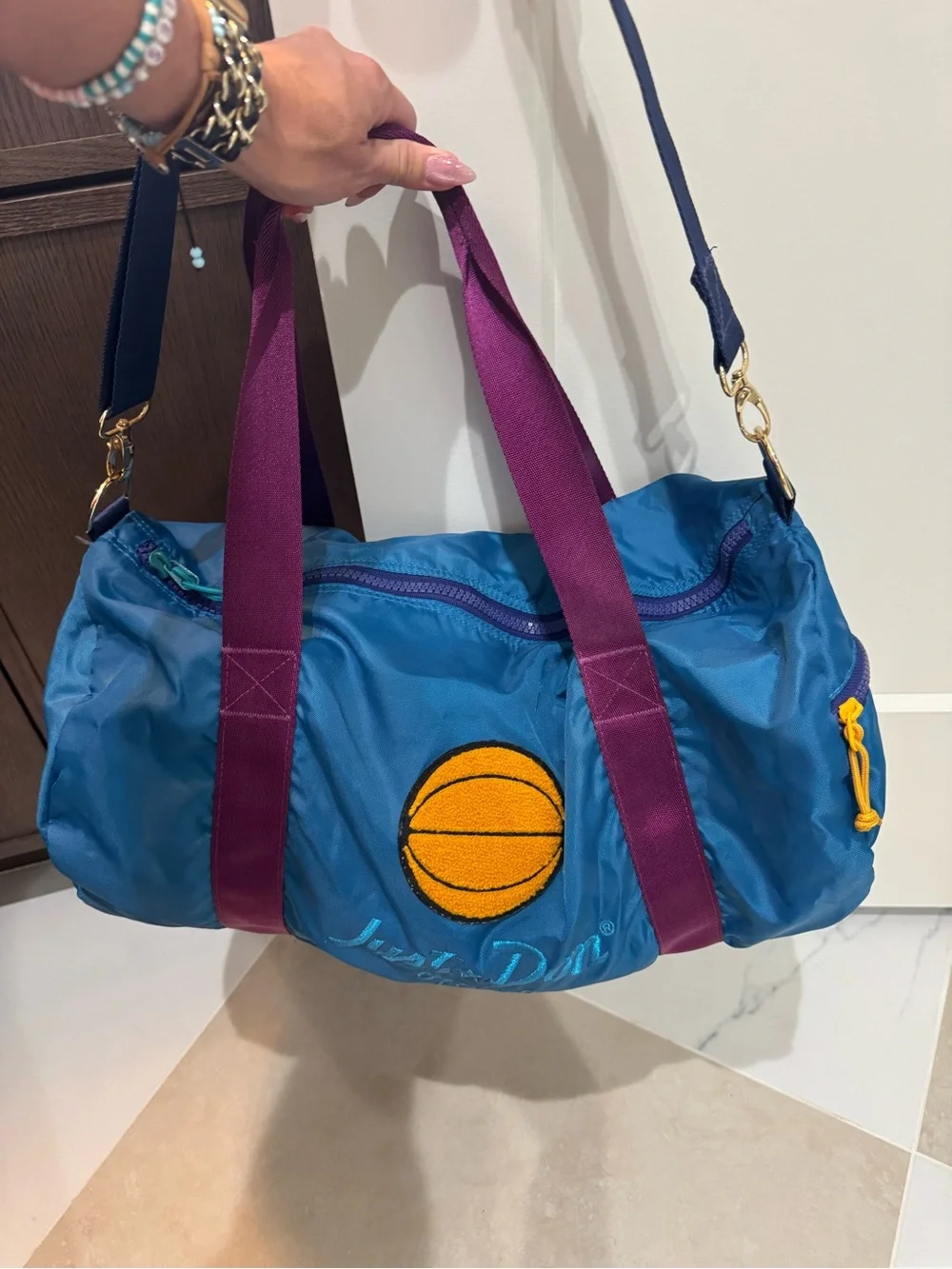 Just Don Blue Duffel with Purple Handles and Yellow Basketball Patch - converse